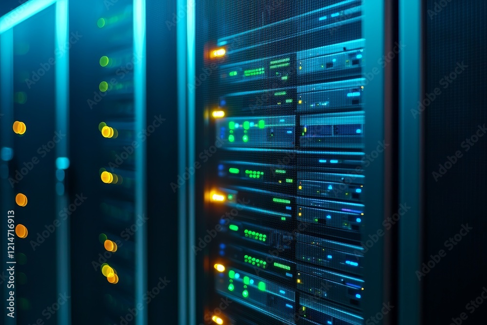 Disaster recovery plan concept. Data center with illuminated servers and networking equipment. Disaster recovery plan concept. Data center with illuminated servers and networking equipment.