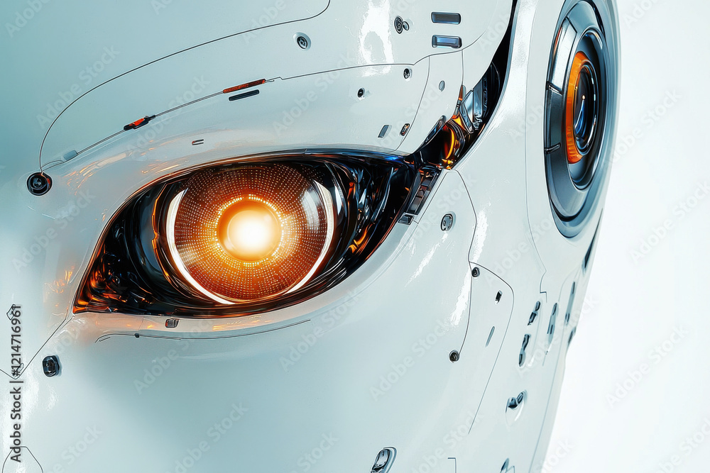 Close-up view of a humanoid robot's synthetic eye showcasing intricate lens details Close-up view of a humanoid robot's synthetic eye showcasing intricate lens details