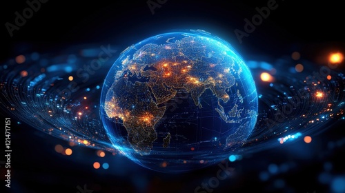 Digital World Globe Concept Illuminated with Network Connections and Vibrant Lights Representing Modern Technology and Global Connectivity photo