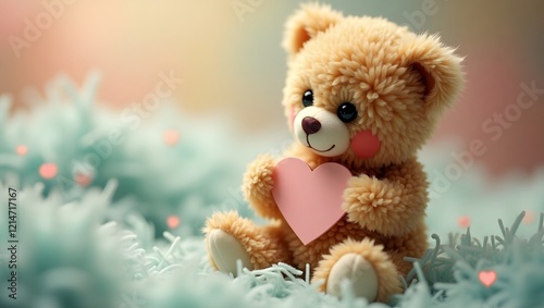 A cute teddy bear hugging a heart filled with love.

