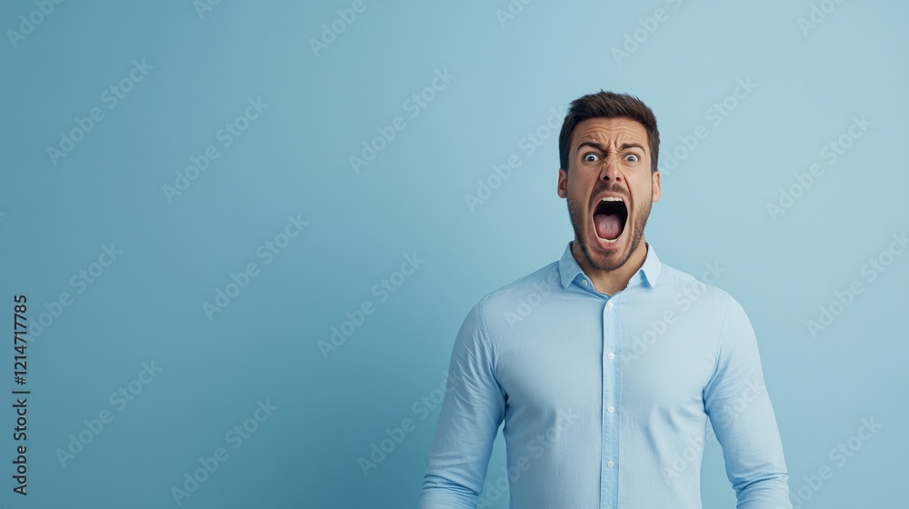 Obraz premium Man in Light Blue Shirt Expressing Intense Emotion with Open Mouth Against a Solid Light Blue Background