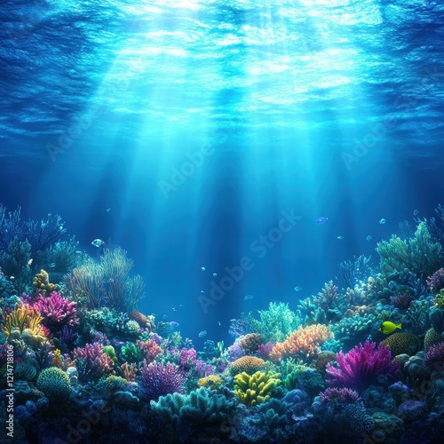 A vibrant underwater scene showcasing colorful corals illuminated by soft beams of sunlight filtering through the water's surface.