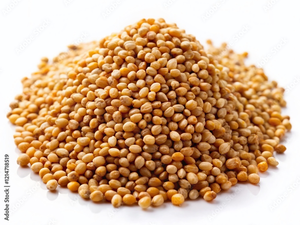 Top View of Polished Proso Millet Seeds Pile, Tilt-Shift Miniature Effect, Isolated on White Background Top View of Polished Proso Millet Seeds Pile, Tilt-Shift Miniature Effect, Isolated on White Background
