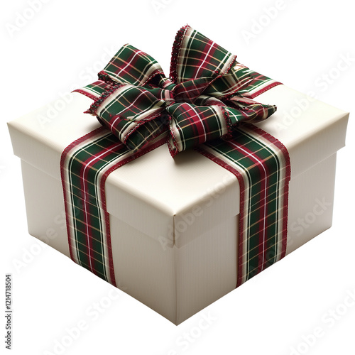 Festively wrapped gift box with plaid ribbon isolated on the white background