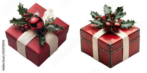 Festive Christmas presents adorned with holly and ornaments isolated on the white background