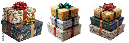 Colorful holiday gift boxes stacked for celebration isolated on the white background