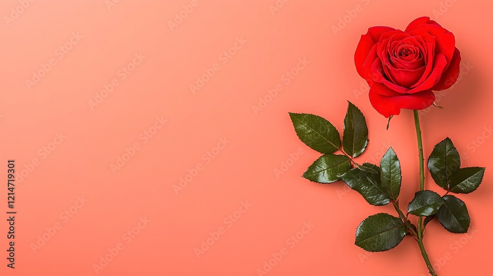 Fototapeta premium Elegant Red Rose on a Soft Coral Background