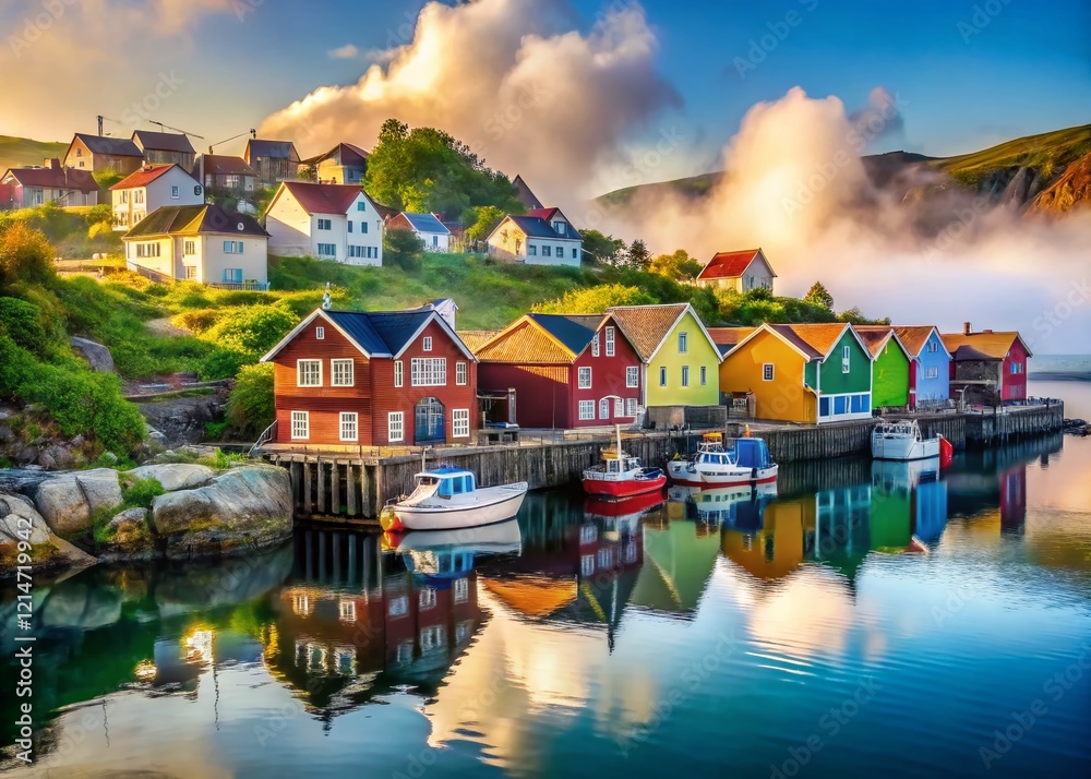 Naklejka premium Tranquil Coastal Village Morning: Colorful Houses & Misty Harbor