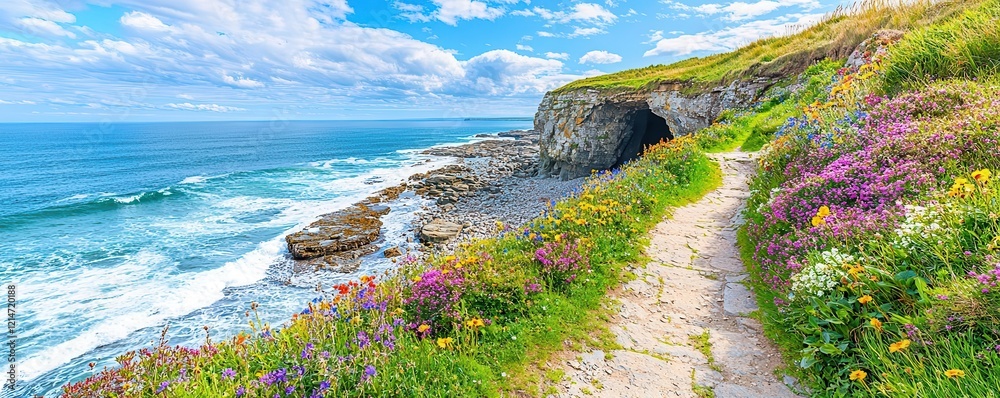 Obraz premium A remote coastal cliffside with a secret cave entrance, waves crashing below, and vibrant wildflowers growing along the rugged path, dramatic and enchanting