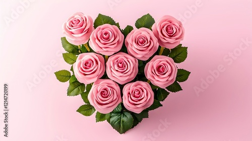 Heart-Shaped Pink Rose Arrangement on Pink Background