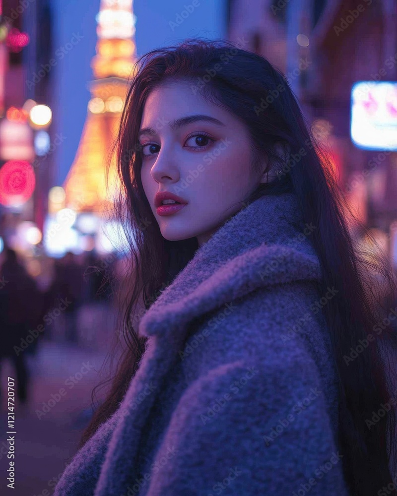 Fototapeta premium Woman in urban setting with vibrant nightlife.