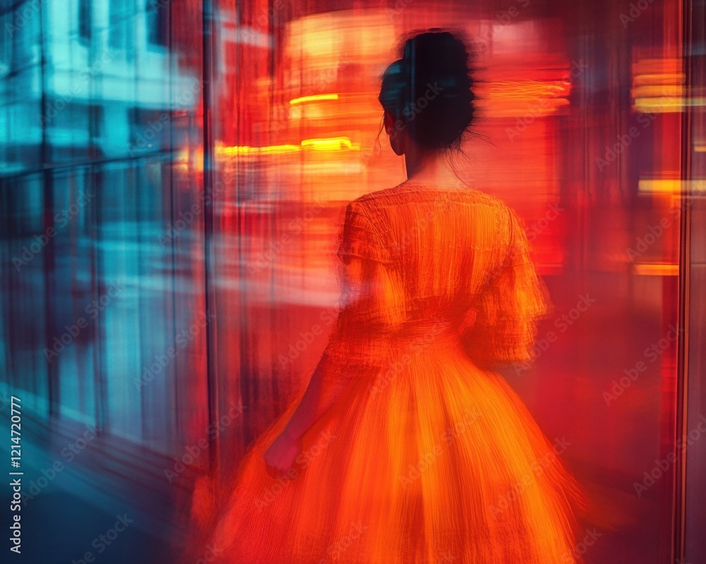 Woman in vibrant dress amidst urban lights. Woman in vibrant dress amidst urban lights.