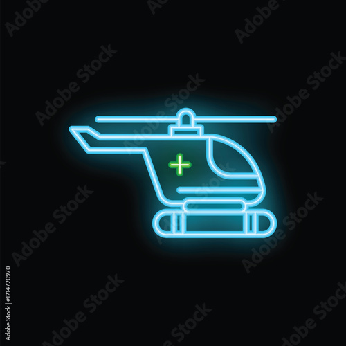Glowing neon icon of a medical helicopter delivering first aid