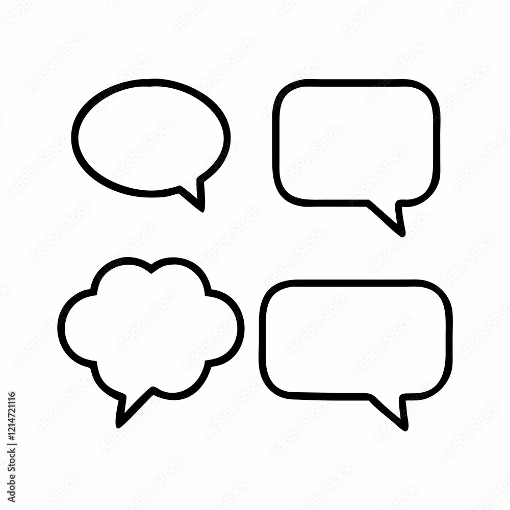 A set of four basic speech bubbles in different shapes (oval, rectangular, and cloud-like) are displayed against a pure white background. A set of four basic speech bubbles in different shapes (oval, rectangular, and cloud-like) are displayed against a pure white background.