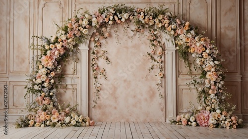 Maternity backdrop, wedding backdrop, photography background with arch of delicate flowers and vintage wall.