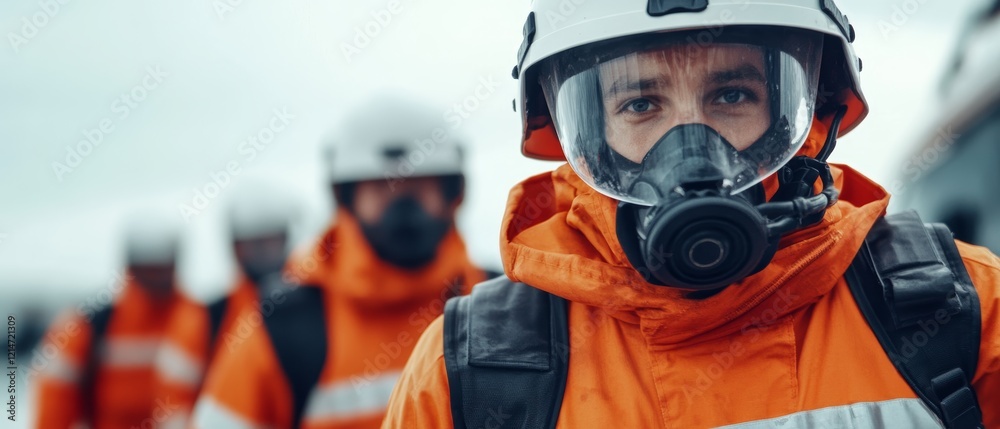 Naklejka premium Coordinated emergency response efforts in urban areas, with rescue teams, vehicles, and technology ensuring safety during critical situations