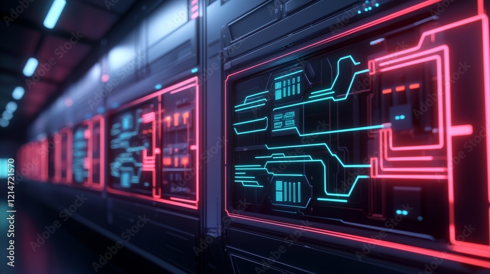 Fototapeta premium Agent development tools concept. Futuristic digital interface with glowing circuitry in a tech environment.