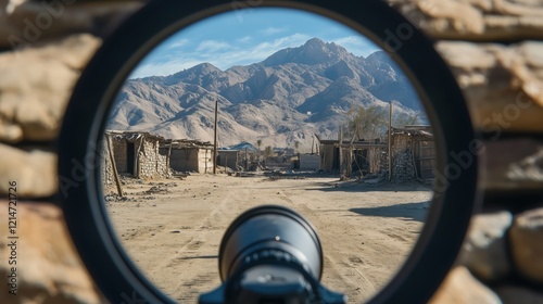 Looking through the rifle scope, a desert village appears in sharp focus, with the vast desert and towering mountains creating a stark, arid backdrop. photo