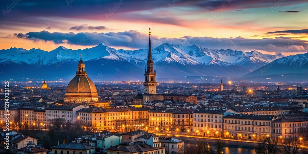 Fototapeta premium Turin Twilight: Mole Antonelliana & Snow-Capped Alps