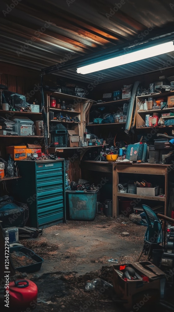 Obraz premium A cluttered garage workshop filled with tools and supplies
