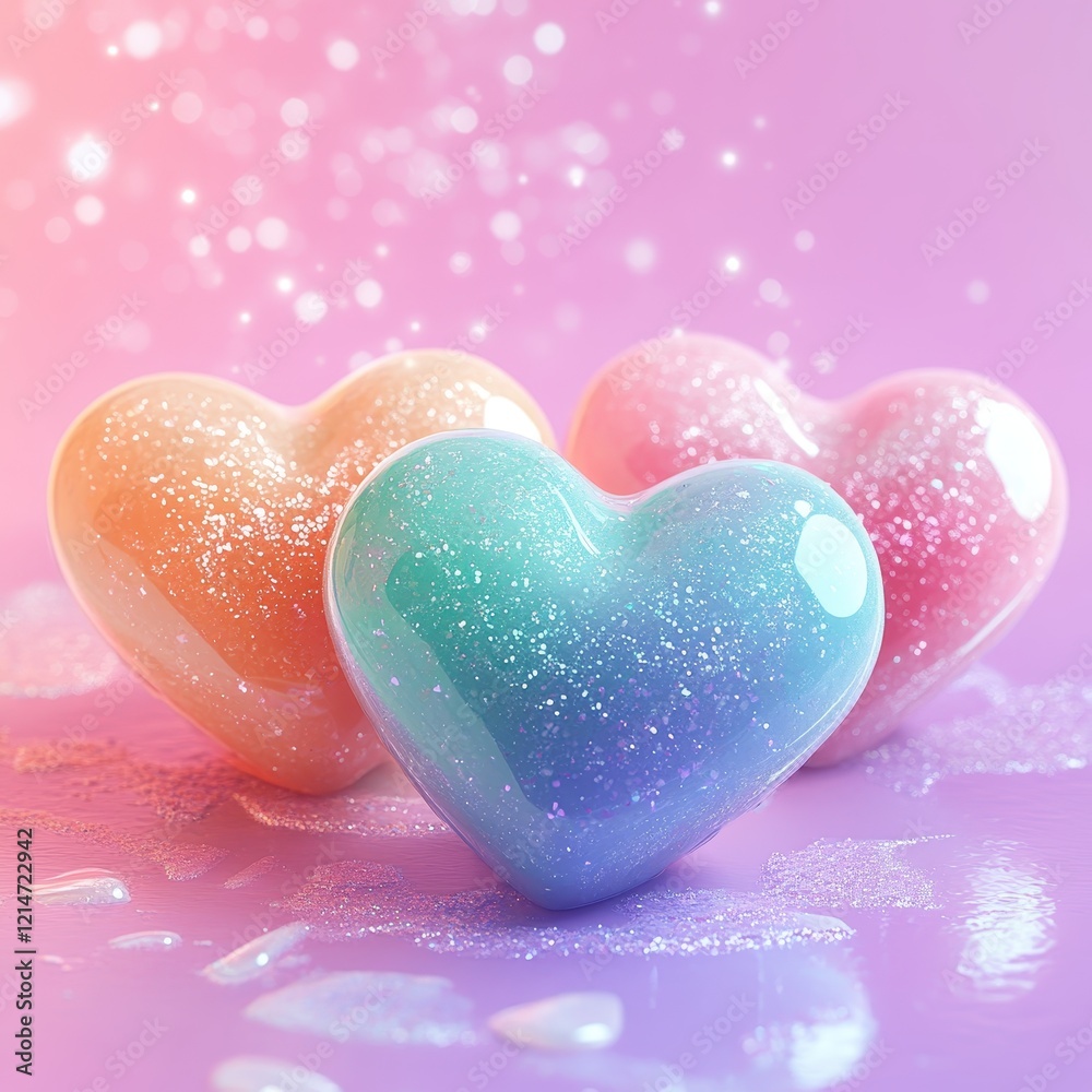 Fototapeta premium Colorful Glossy Heart-Shaped Objects with Glitter on Pastel Background Creating a Dreamy and Whimsical Atmosphere