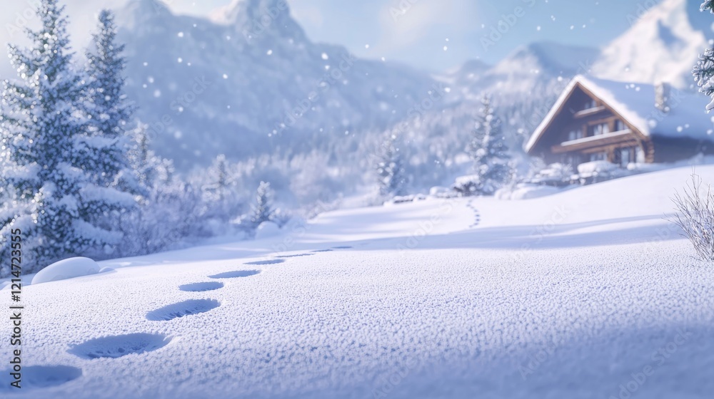 Snowy Mountain Cabin Winter Wonderland, Footprints in the Snow Snowy Mountain Cabin Winter Wonderland, Footprints in the Snow