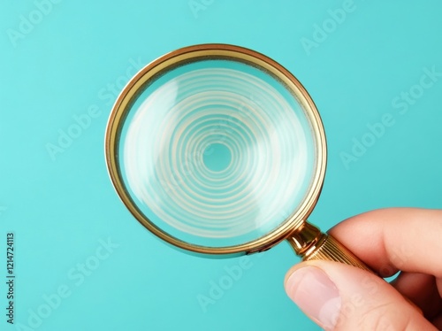 Shooting target icon placed inside a plain magnifying glass lens, held in hand, focusing on a business target against a blue backdrop, minimalist design. Illustration of a business analysis plan and