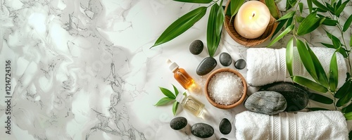 Concept Design for Spa Center and Beauty Salon : massage stones, essential oils and sea salt on white marble background. Treatment items for spa procedures. Copy space for customized addition