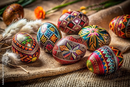 Ukrainian Pysanky Easter Eggs & Feathers on Linen - Traditional Eastern European Decoration