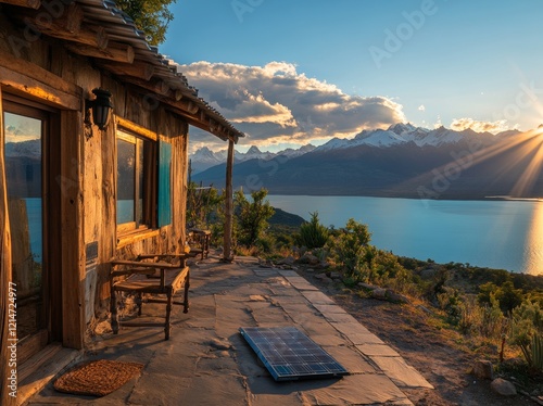 Solar panels installed on a rooftop in a village alongside a picturesque lake, with the sun shining against a clear blue sky. This represents the photovoltaic solar energy concept, a sustainable and