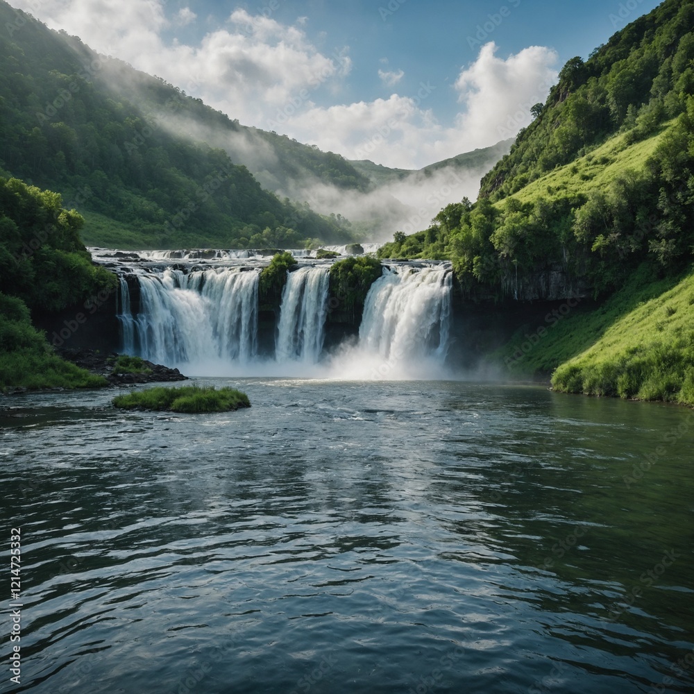 Fototapeta premium The water is crystal-clear, and the scene feels peaceful, with mist rising from the falls blending into the soft background of green hills.