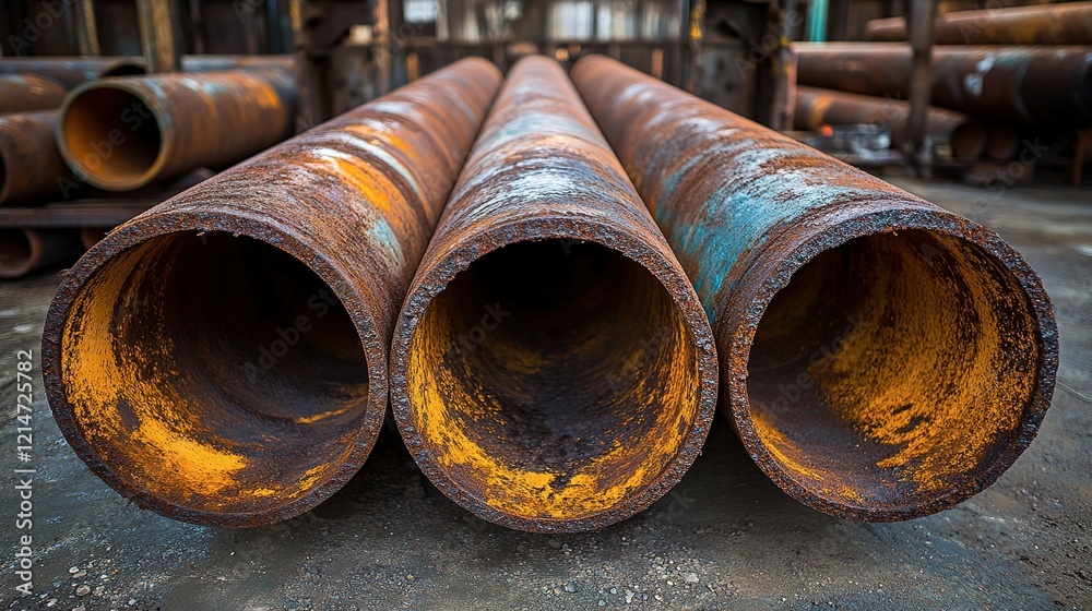 Three Large Rusty Metal Pipes Resting On Ground Three Large Rusty Metal Pipes Resting On Ground