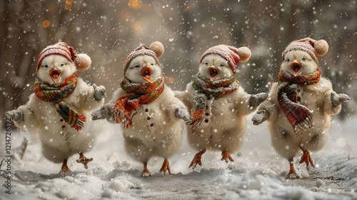 Four Joyful Chicks Dancing in the Winter Snow