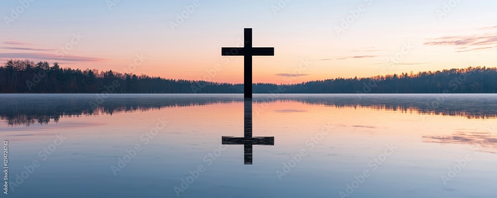 Love through faith for valentine's day concept. Reflection of a cross at sunset over a calm lake. Love through faith for valentine's day concept. Reflection of a cross at sunset over a calm lake.