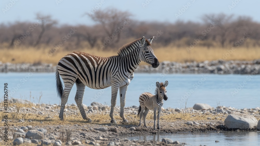 Fototapeta premium Close-up of baby plains zebra beside mother