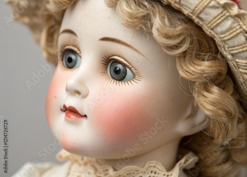 Close-up of Porcelain Doll Face, Exquisitely Detailed Features, Vintage Style photo