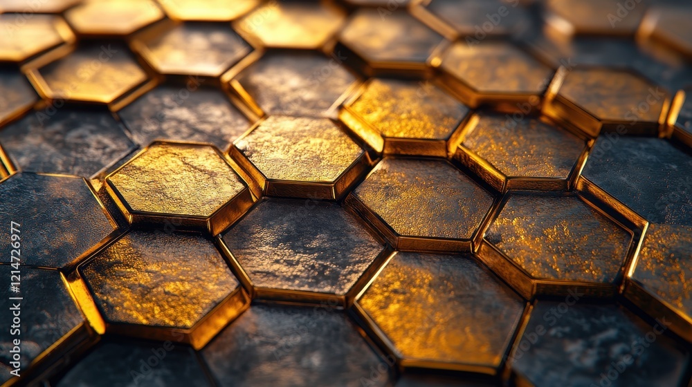 Abstract Metallic Hexagonal Pattern with Golden Highlights in a Futuristic Design Abstract Metallic Hexagonal Pattern with Golden Highlights in a Futuristic Design