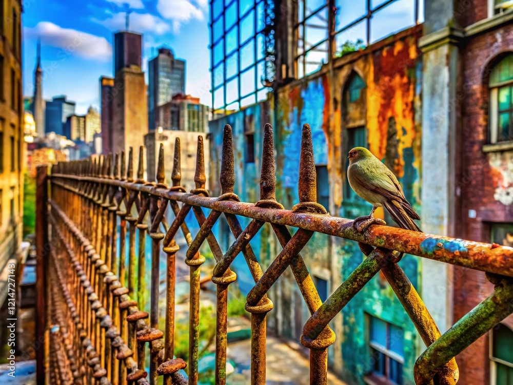 Urban Decay: Rusty Bird Fencing, Grunge Industrial Backdrop Stock Photo Urban Decay: Rusty Bird Fencing, Grunge Industrial Backdrop Stock Photo