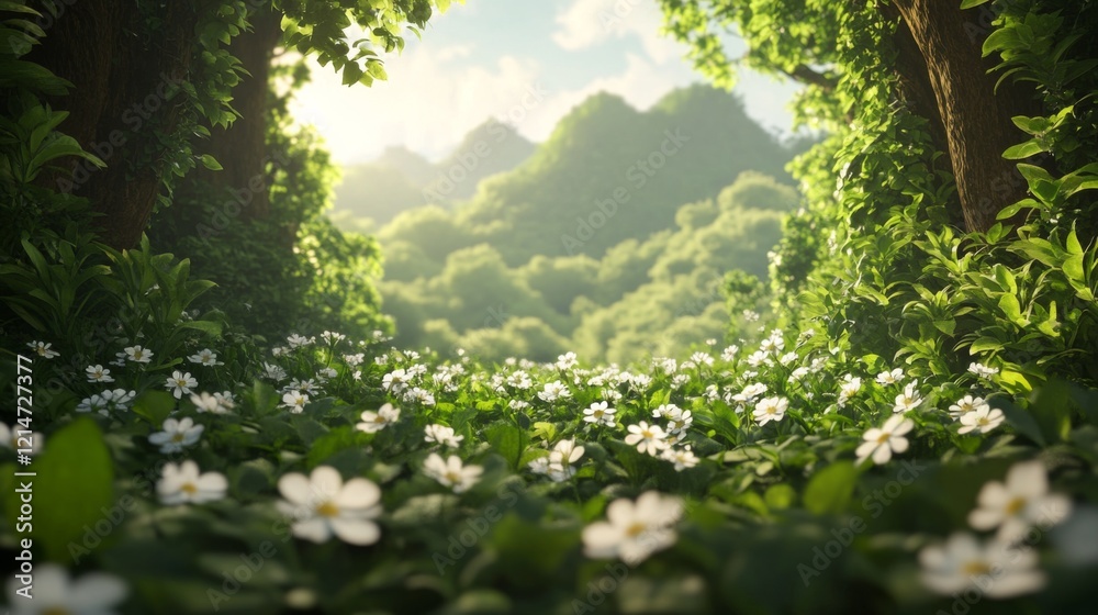 Fototapeta premium Lush green forest clearing with white flowers, sunlit mountains in background.