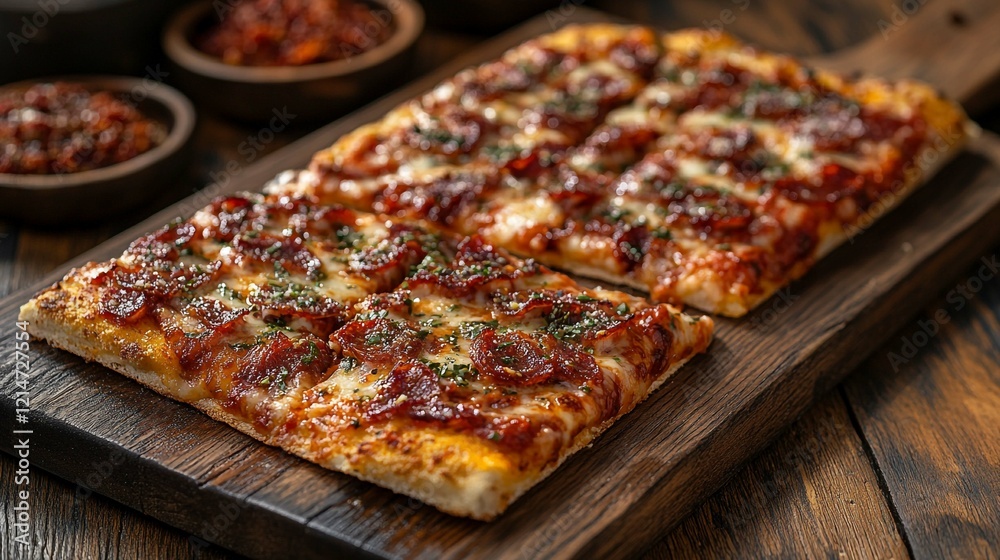 A rectangular pepperoni pizza on a dark wooden board is pictured. A rectangular pepperoni pizza on a dark wooden board is pictured.