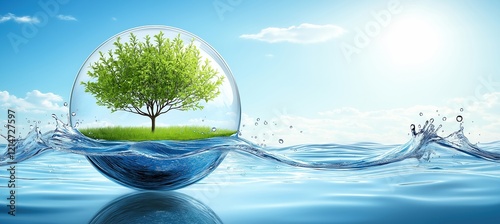Tree inside transparent sphere floating on water under blue sky with clouds light environment concept
