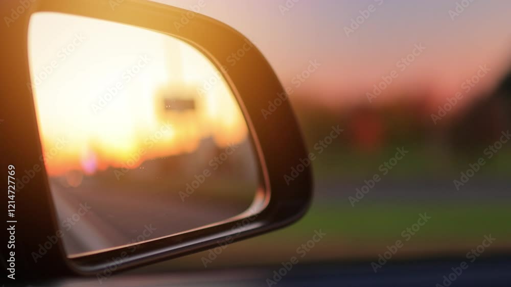 The sun is reflected in the mirror, evening road. View in the side rear view mirror of a red car driving along the highway The sun is reflected in the mirror, evening road. View in the side rear view mirror of a red car driving along the highway