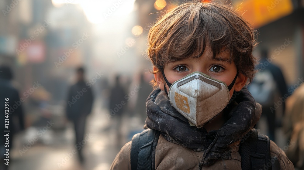 Air pollution concern. Child wearing mask in urban environment.