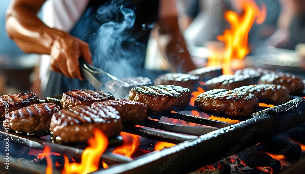 Fototapeta premium Grilling juicy burgers at a vibrant barbecue event outdoor setting culinary experience close-up view