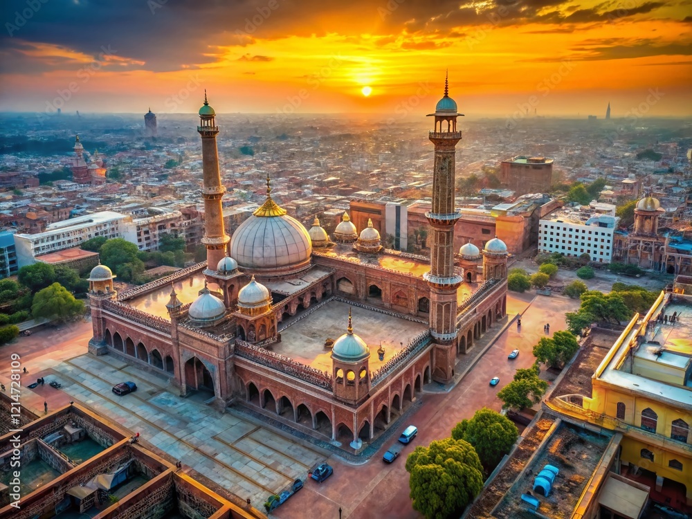 Fototapeta premium Aerial View of Jama Masjid, Delhi, India: Golden Hour Urban Exploration