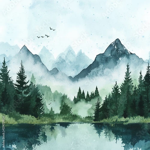 Wallpaper Mural watercolor background landscape with forest and mountains Torontodigital.ca