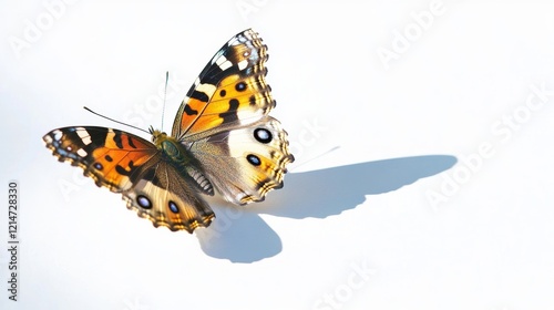 Beautiful fine flying butterfly, Painted Lady (Vanessa cardui) with fully wings sweeping natural color over soft shadow beneath on white background, fascinated nature photo