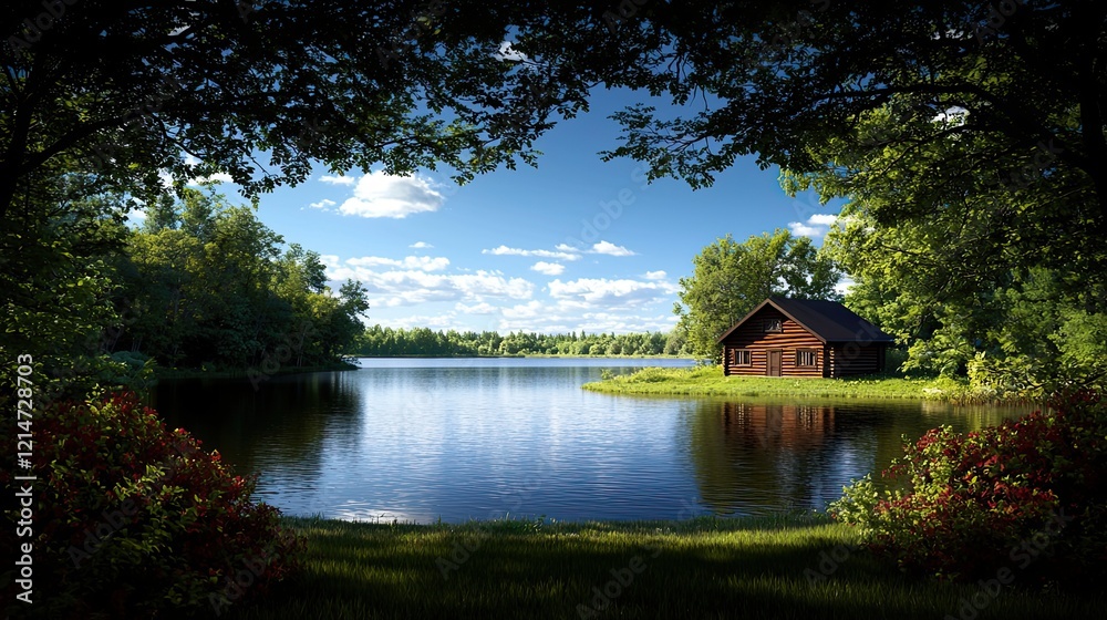 Fototapeta premium Tranquil lake view forest cabin oasis