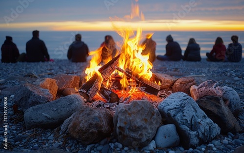 Friends gathered around a bonfire on a beach at sunset, enjoying the warmth and ambiance of the fire as the sun dips below the horizon. The scene is peaceful and evokes a sense of community and relaxa photo