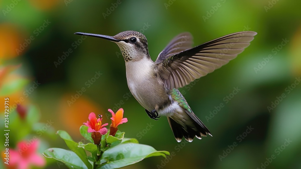 Hummingbird hovering, nectar, garden, flowers, blur Hummingbird hovering, nectar, garden, flowers, blur
